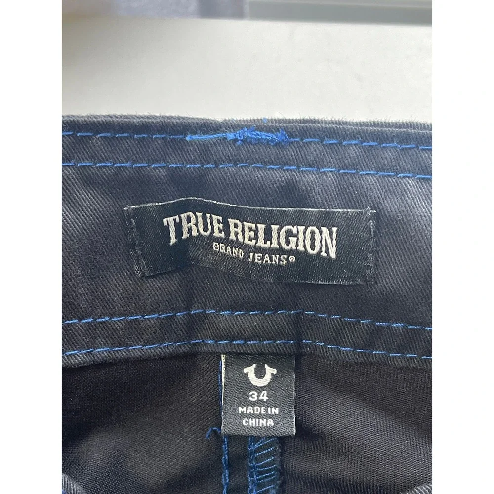 True Religion Mens Cargo Pants Jet Black Pacific Blue Contrast Stitch 34W New